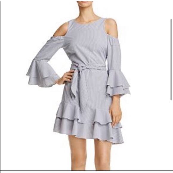 Aqua Cold-Shoulder Ruffled Striped Dress - Picture 2 of 6